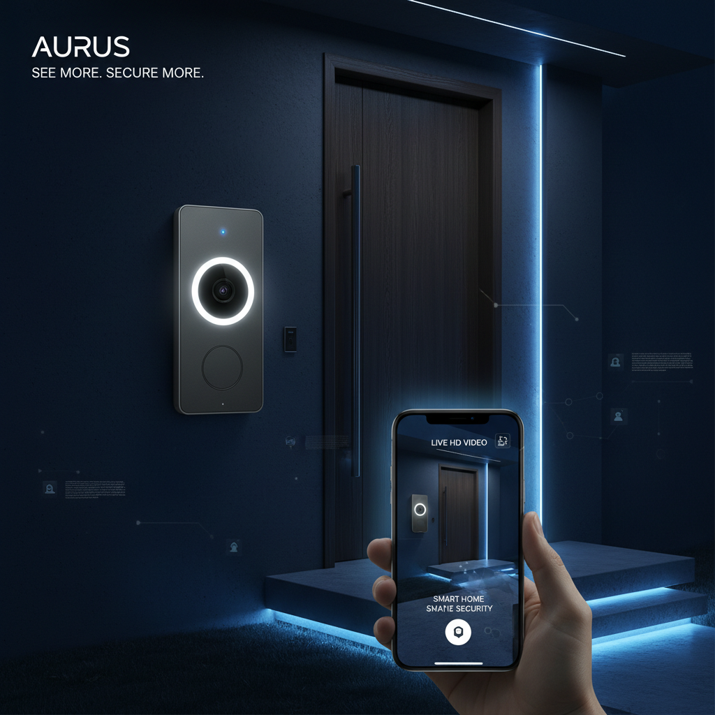 Dramatic nighttime front door with glowing smart video doorbell and smartphone showing live HD feed