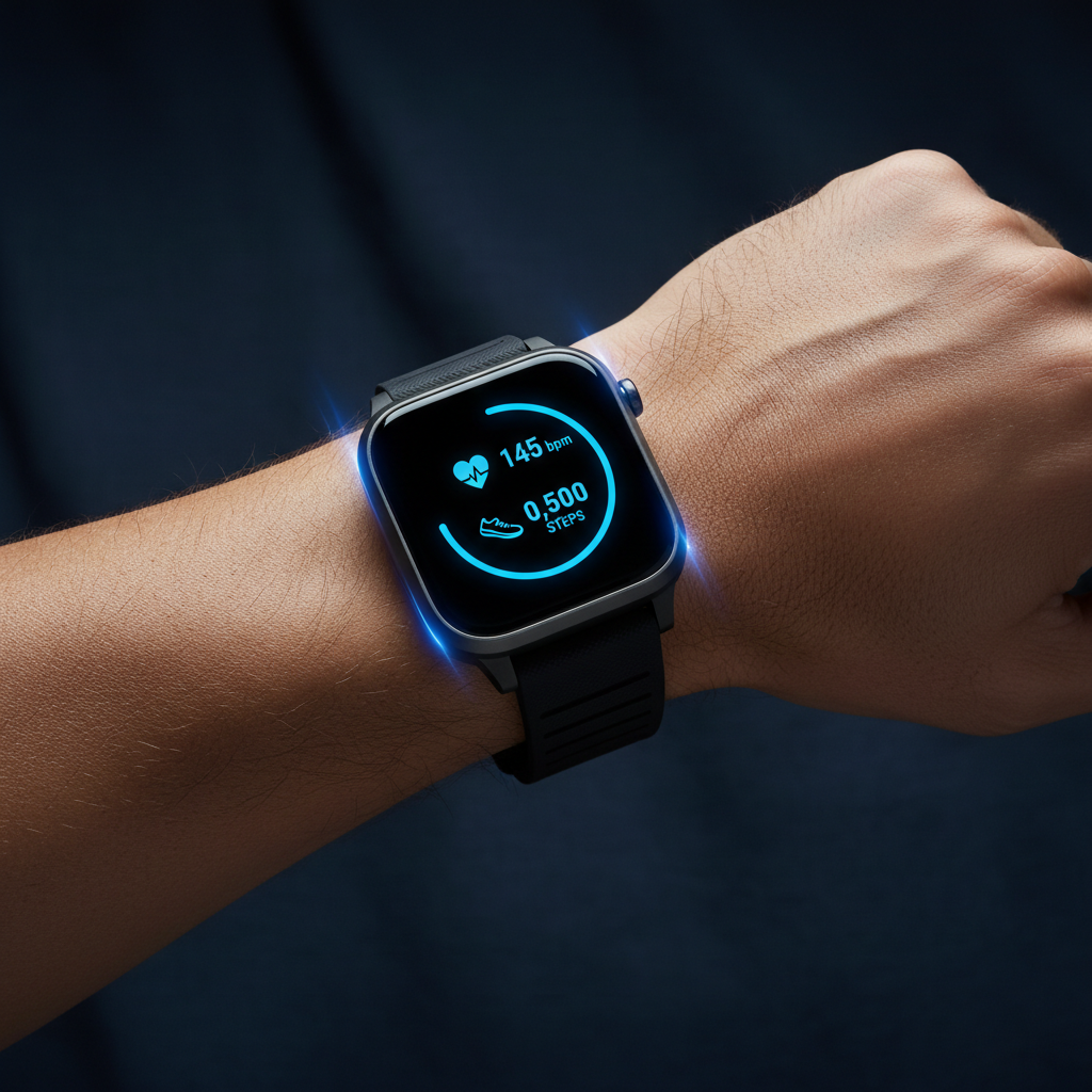 Close-up of fitness smartwatch on wrist with glowing blue health stats UI, dark navy studio lighting