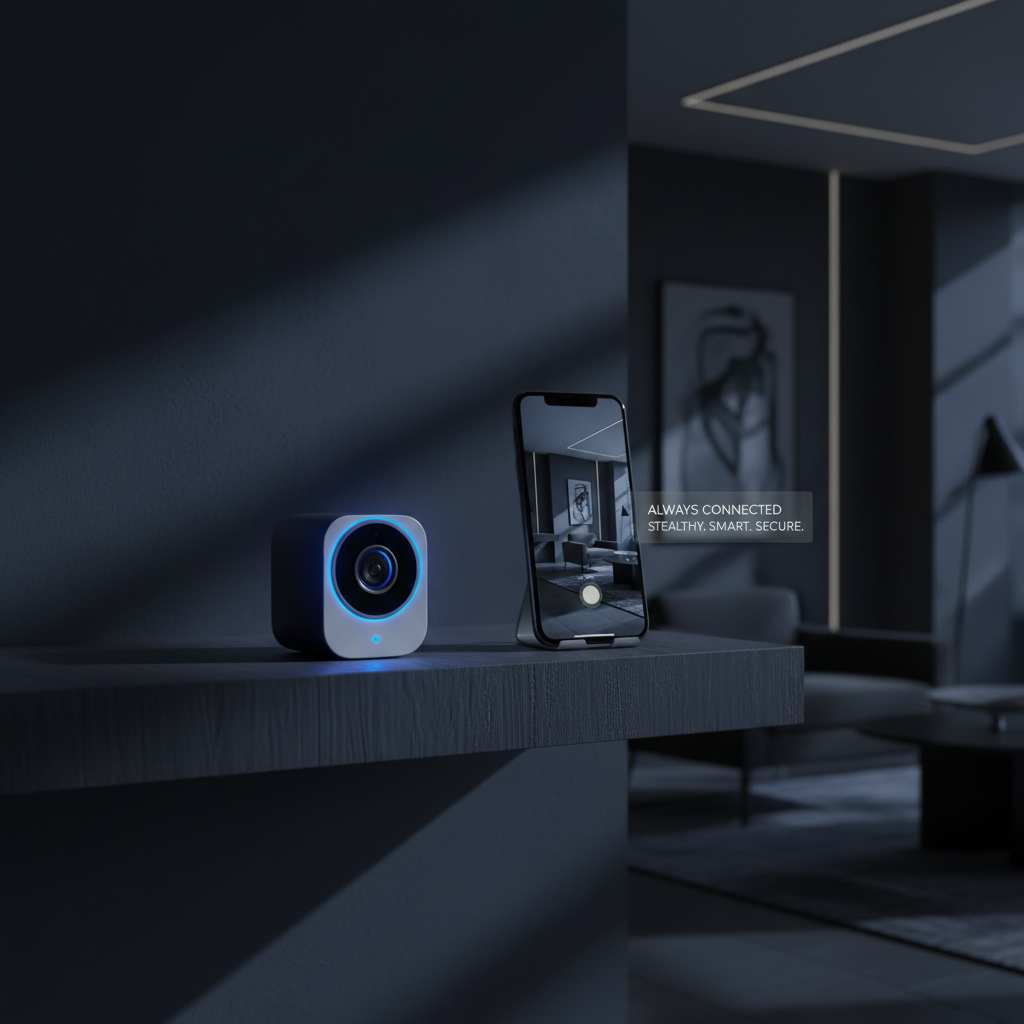 Discreet mini security camera on shelf in dark modern home with smartphone showing live HD security feed